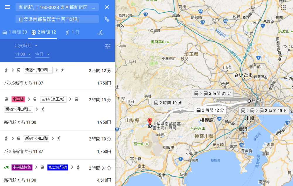 Google Map displays highway bus routes in Japan