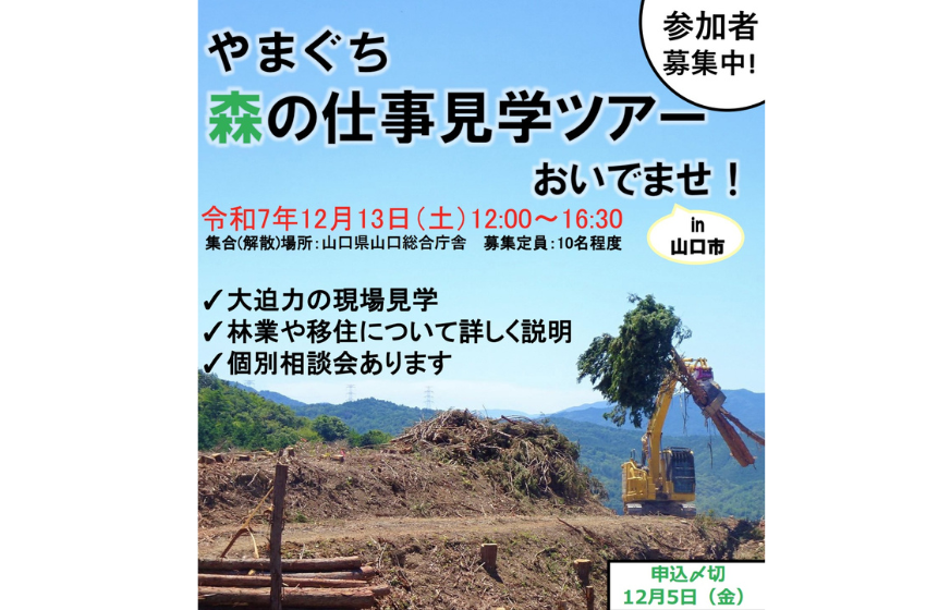  山口県、森の仕事見学ツアーを開催、林業や移住に関心がある人対象、12/13