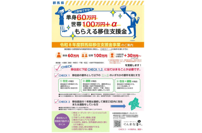  群馬県・沼田市、東京圏からの移住で移住支援金を支給、世帯で100万円、子ども加算も