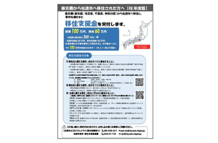  新潟県・佐渡市、東京圏からの移住で移住支援金を支給、世帯で100万円、子ども加算も