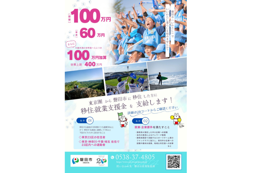  静岡県・磐田市、東京圏からの移住者向けに最大400万円の支援金制度を実施