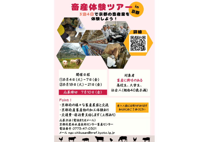  京都府、畜産の仕事を体験できる3泊4日のツアーを8月に開催、参加者を募集中