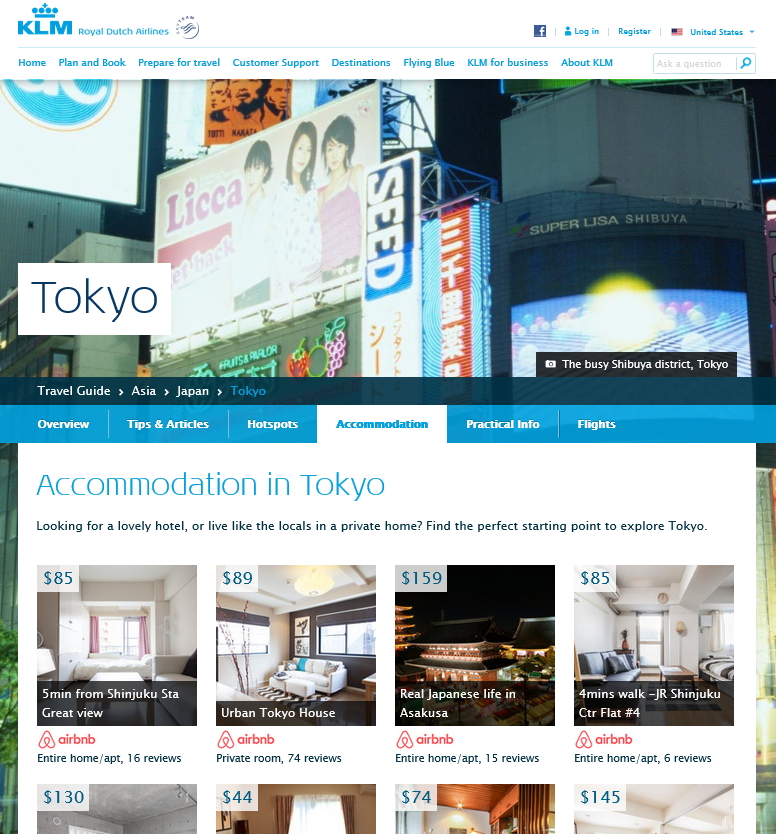 KLMオランダ航空が個人宅宿泊予約のエアビーアンドビー（Airbnb）と連携開始、東京含む世界600エリア以上で