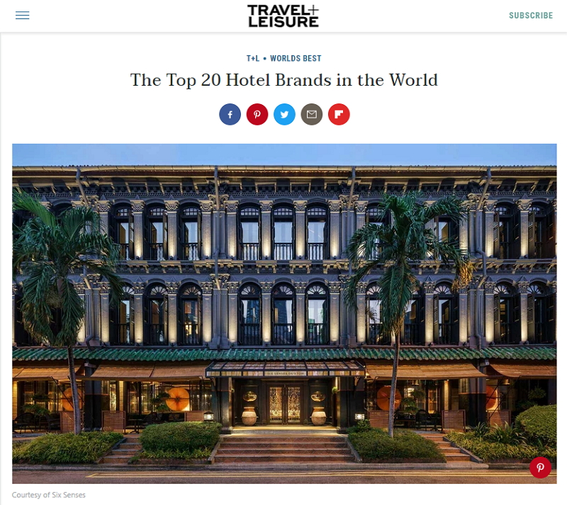 米・著名旅行誌のホテルランキング2018、世界1位ブランドは「シックスセンシズ ホテル 」、トップ20まで発表　―Travel＋Leisure誌