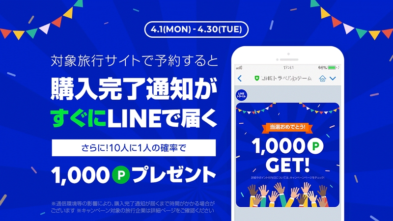 LINEトラベルjp、購入完了時の予約通知を即時配信へ、LINE経由で、期間限定でポイント還元キャンペーンも