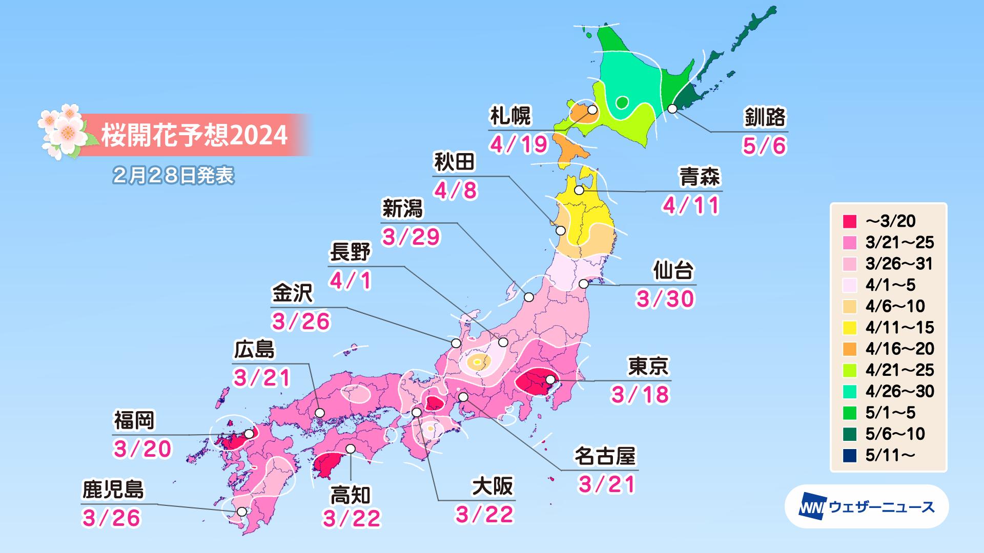 Cherry blossoms blooming is forecasted on March 18 in Tokyo first