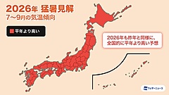 夏の猛暑予想2026、7月下旬から8月上旬が暑さピーク、京都と甲府は35℃以上「猛暑日」33日か