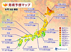 紅葉の見頃予想2026、全国的に平年より遅め、京都・嵐山は11月24日頃　―ウェザーニューズ社